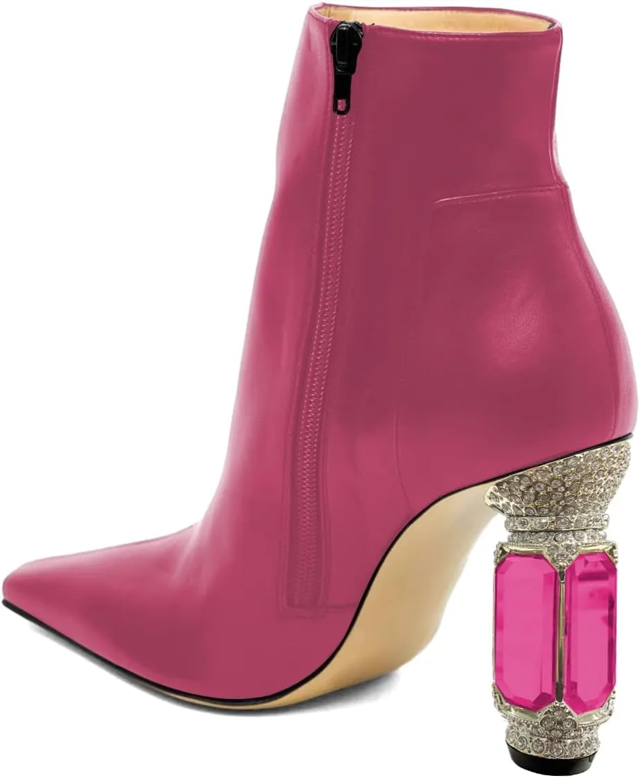 XYD Women's Closed Square Toe Booties Rhinestone Crystal Gems Block Heels Side Zip Ankle Boots Ladies Chic Event Formal Party Shoes