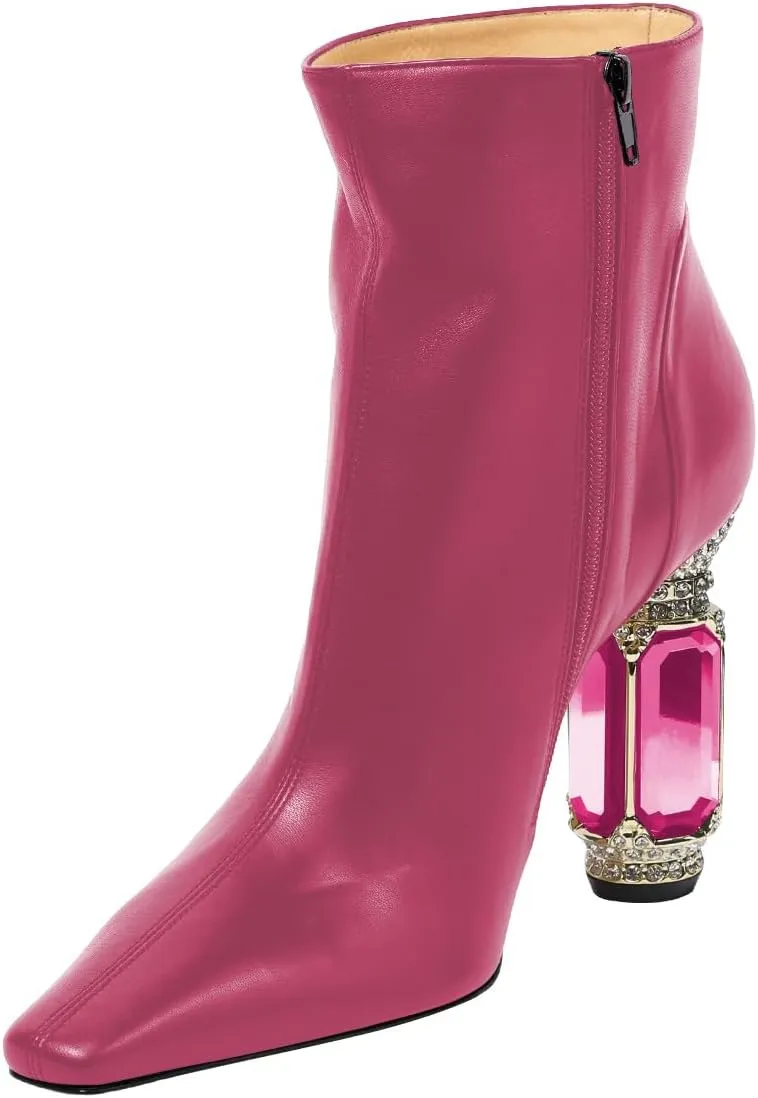 XYD Women's Closed Square Toe Booties Rhinestone Crystal Gems Block Heels Side Zip Ankle Boots Ladies Chic Event Formal Party Shoes