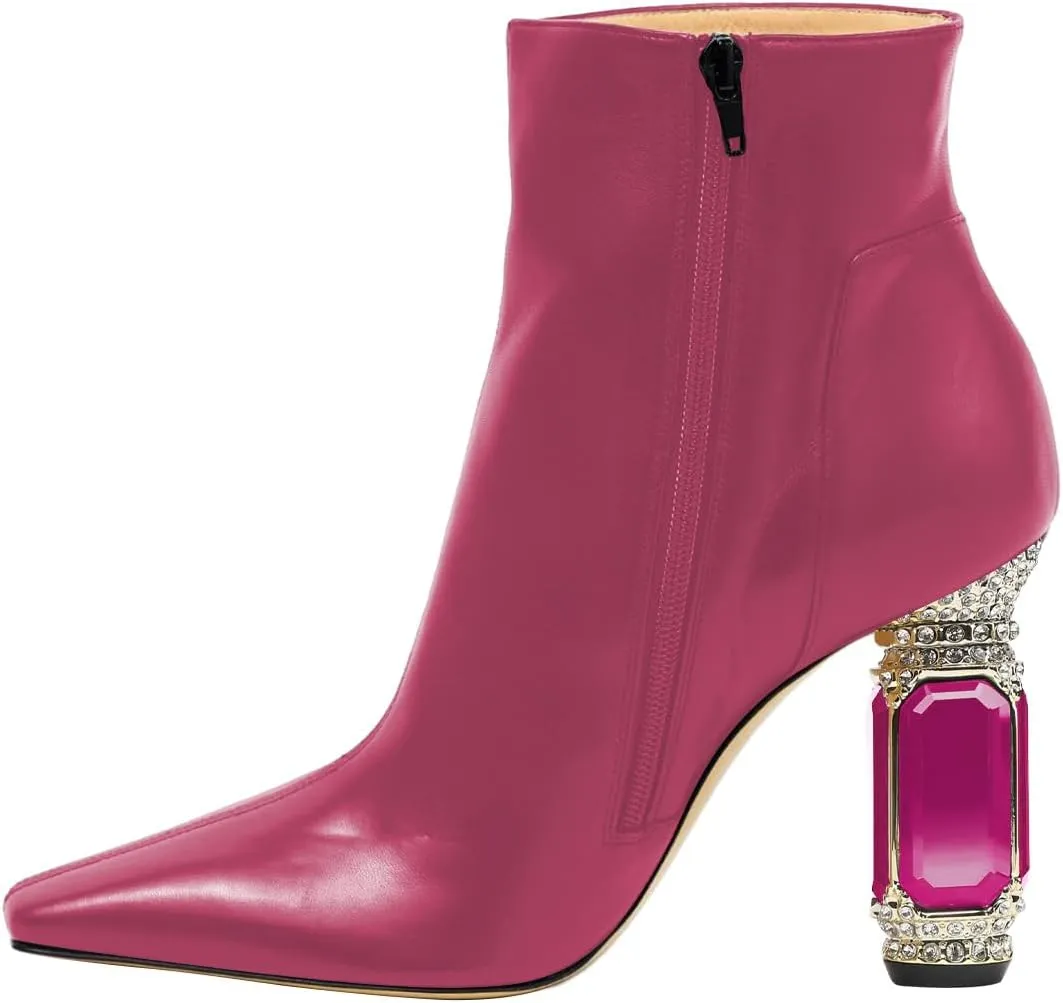 XYD Women's Closed Square Toe Booties Rhinestone Crystal Gems Block Heels Side Zip Ankle Boots Ladies Chic Event Formal Party Shoes