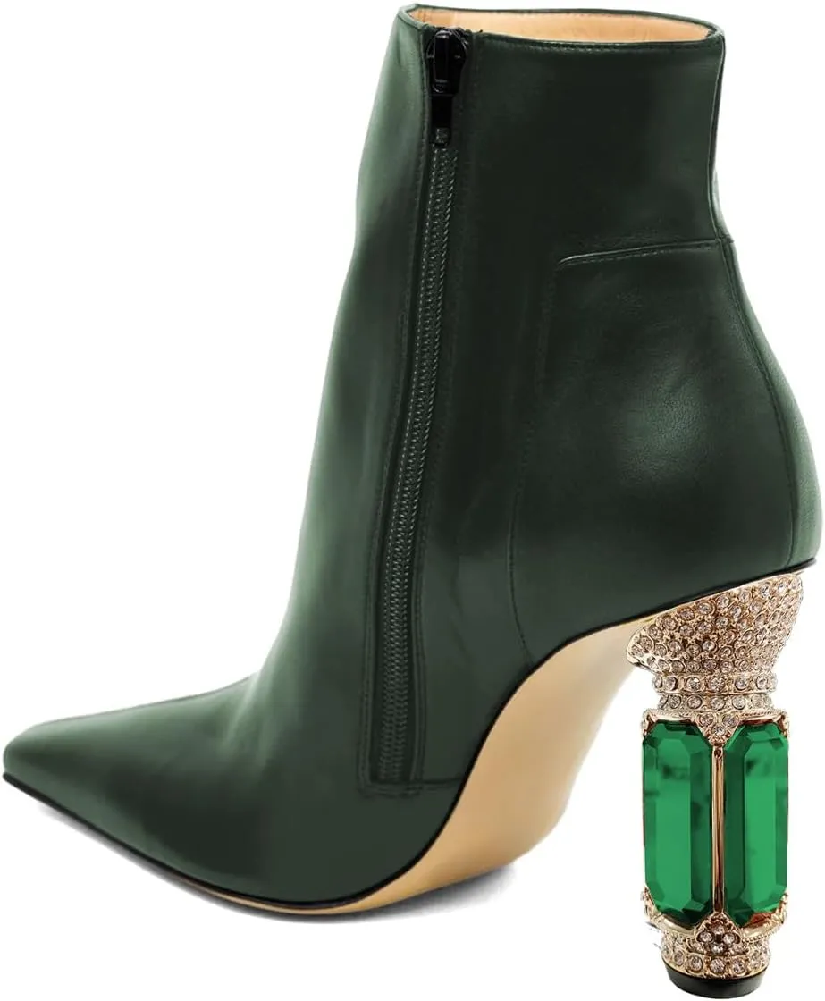 XYD Women's Closed Square Toe Booties Rhinestone Crystal Gems Block Heels Side Zip Ankle Boots Ladies Chic Event Formal Party Shoes