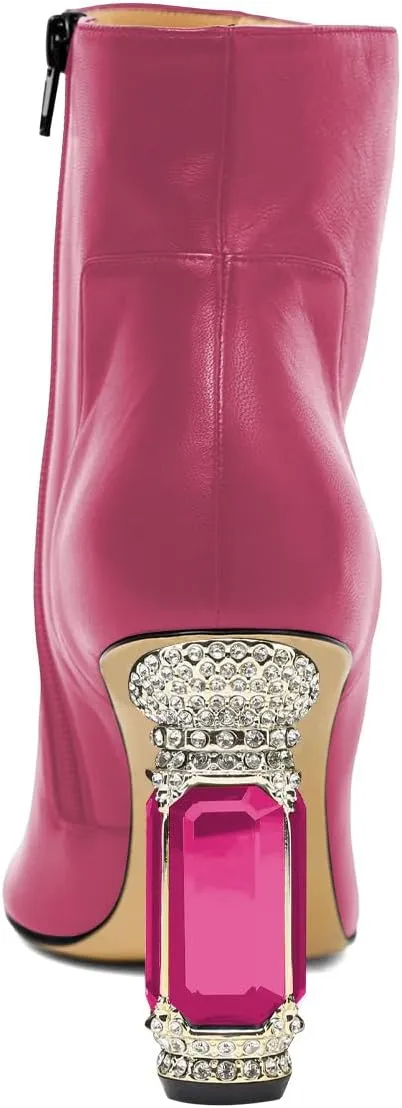 XYD Women's Closed Square Toe Booties Rhinestone Crystal Gems Block Heels Side Zip Ankle Boots Ladies Chic Event Formal Party Shoes