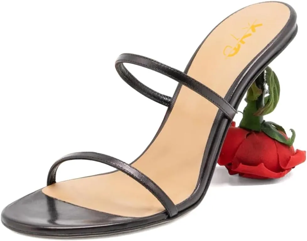 XYD Women's Romantic Rose Heel Summer Chic Two Slender Straps Open Toe Slip On Slides Sandals Resort Holiday Party Shoes