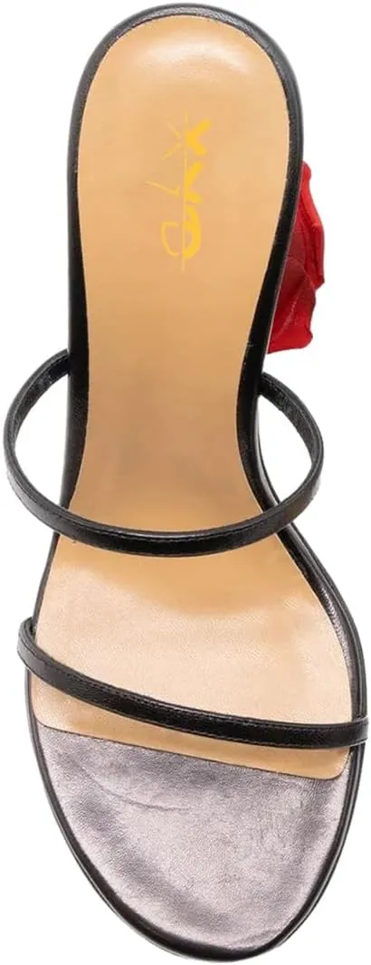 XYD Women's Romantic Rose Heel Summer Chic Two Slender Straps Open Toe Slip On Slides Sandals Resort Holiday Party Shoes