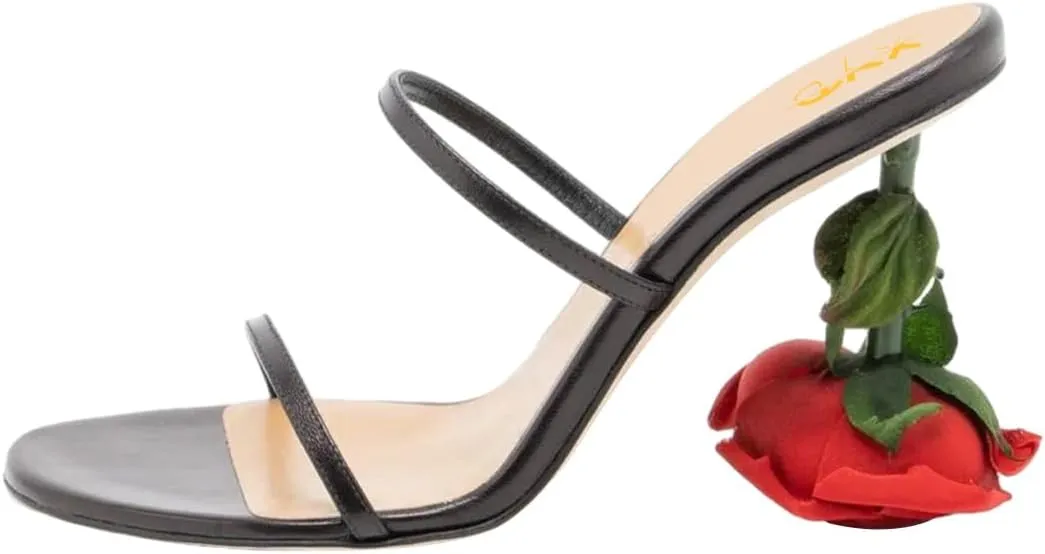 XYD Women's Romantic Rose Heel Summer Chic Two Slender Straps Open Toe Slip On Slides Sandals Resort Holiday Party Shoes