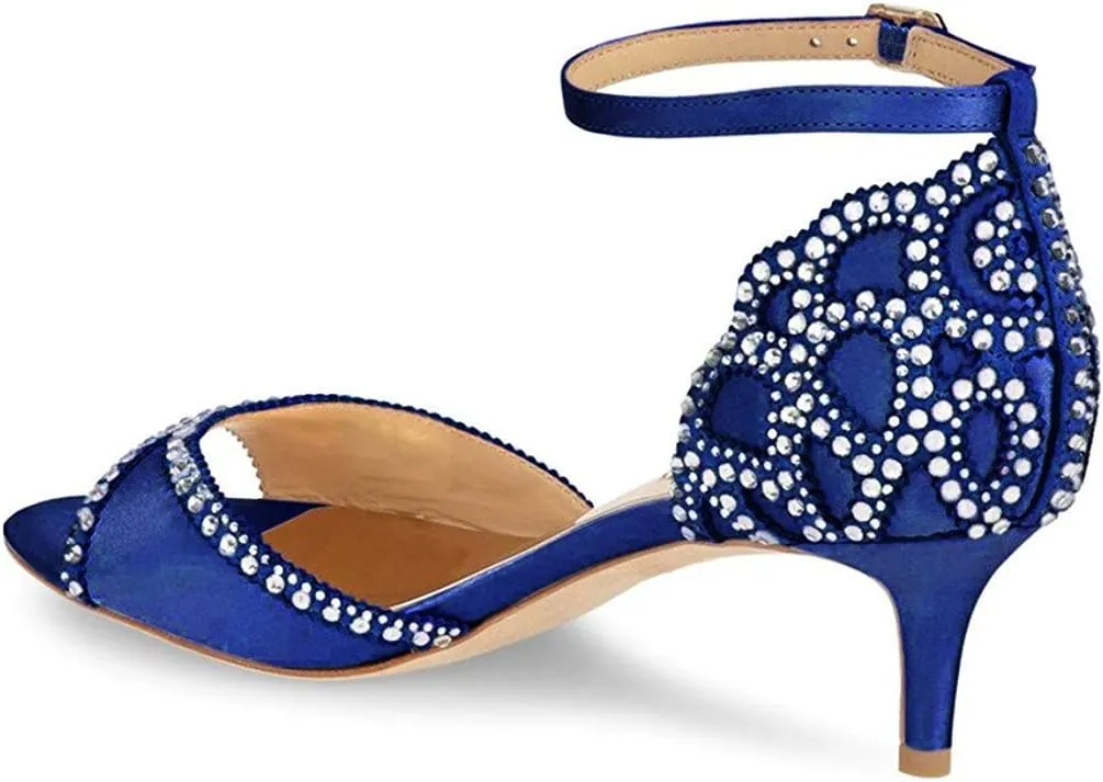 XYD Women's Sandals, Chic Peep Toe, D'Orsay Kitten Low Heels, Rhinestone Studs, Ankle Strap Satin Shoes for Wedding Ballroom