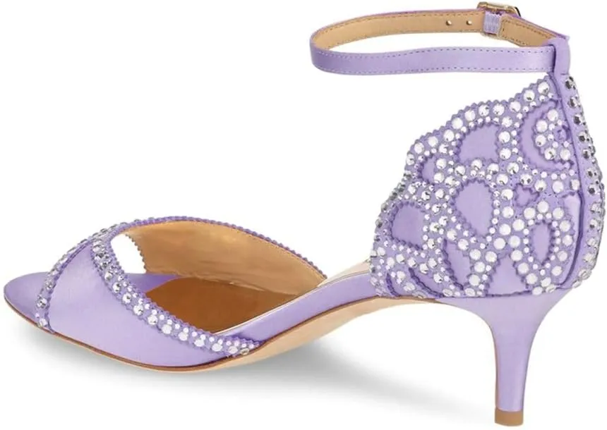 XYD Women's Sandals, Chic Peep Toe, D'Orsay Kitten Low Heels, Rhinestone Studs, Ankle Strap Satin Shoes for Wedding Ballroom