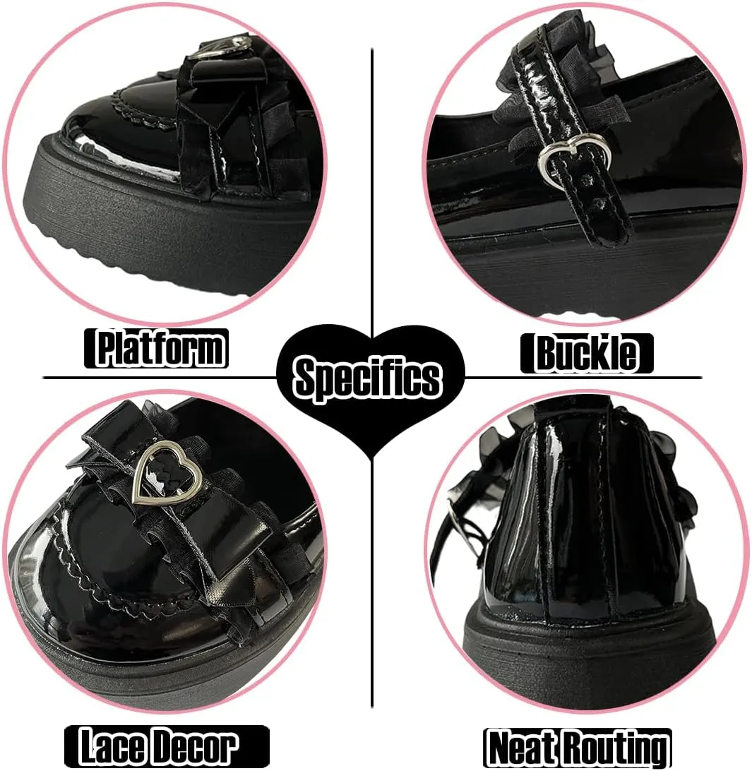 Y2K Goth Kawaii Harajuku Lolita Round Toe Chunky Heels Heart Buckle Black Lace Trim Mary Jane Platform Shoes