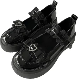 Y2K Goth Kawaii Harajuku Lolita Round Toe Chunky Heels Heart Buckle Black Lace Trim Mary Jane Platform Shoes