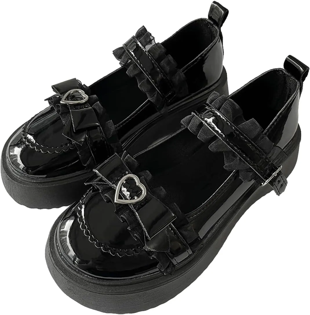 Y2K Goth Kawaii Harajuku Lolita Round Toe Chunky Heels Heart Buckle Black Lace Trim Mary Jane Platform Shoes