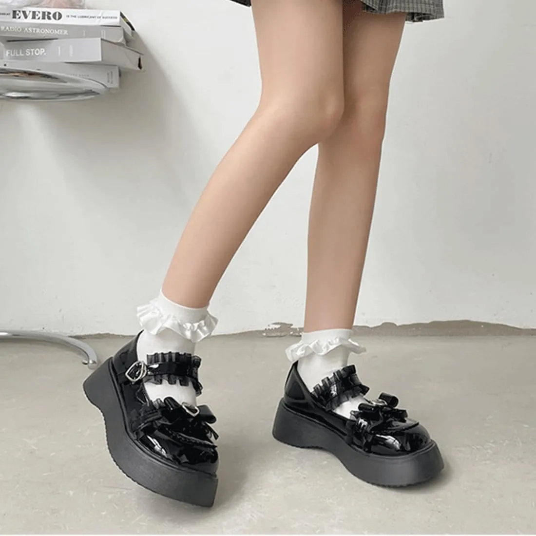 Y2K Goth Kawaii Harajuku Lolita Round Toe Chunky Heels Heart Buckle Black Lace Trim Mary Jane Platform Shoes