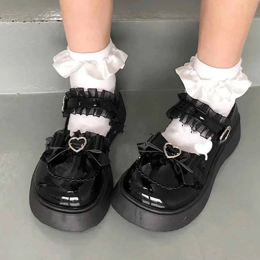 Y2K Goth Kawaii Harajuku Lolita Round Toe Chunky Heels Heart Buckle Black Lace Trim Mary Jane Platform Shoes