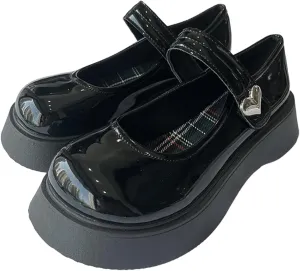 Y2K Gothic Kawaii Lolita Black Round Toe Chunky Heels Heart Shaped Decor Ankle Mary Jane Platform Shoes