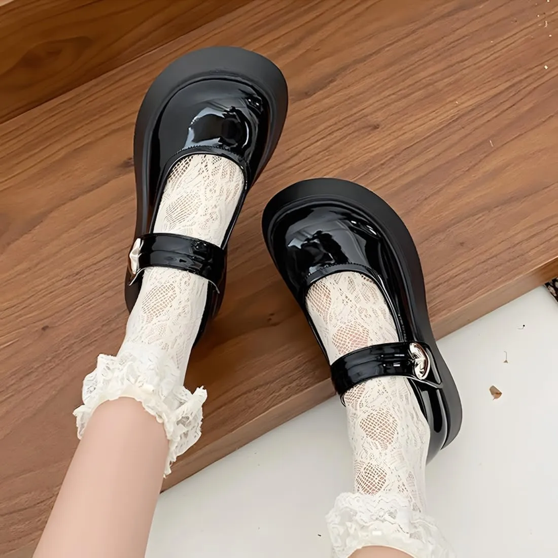Y2K Gothic Kawaii Lolita Black Round Toe Chunky Heels Heart Shaped Decor Ankle Mary Jane Platform Shoes
