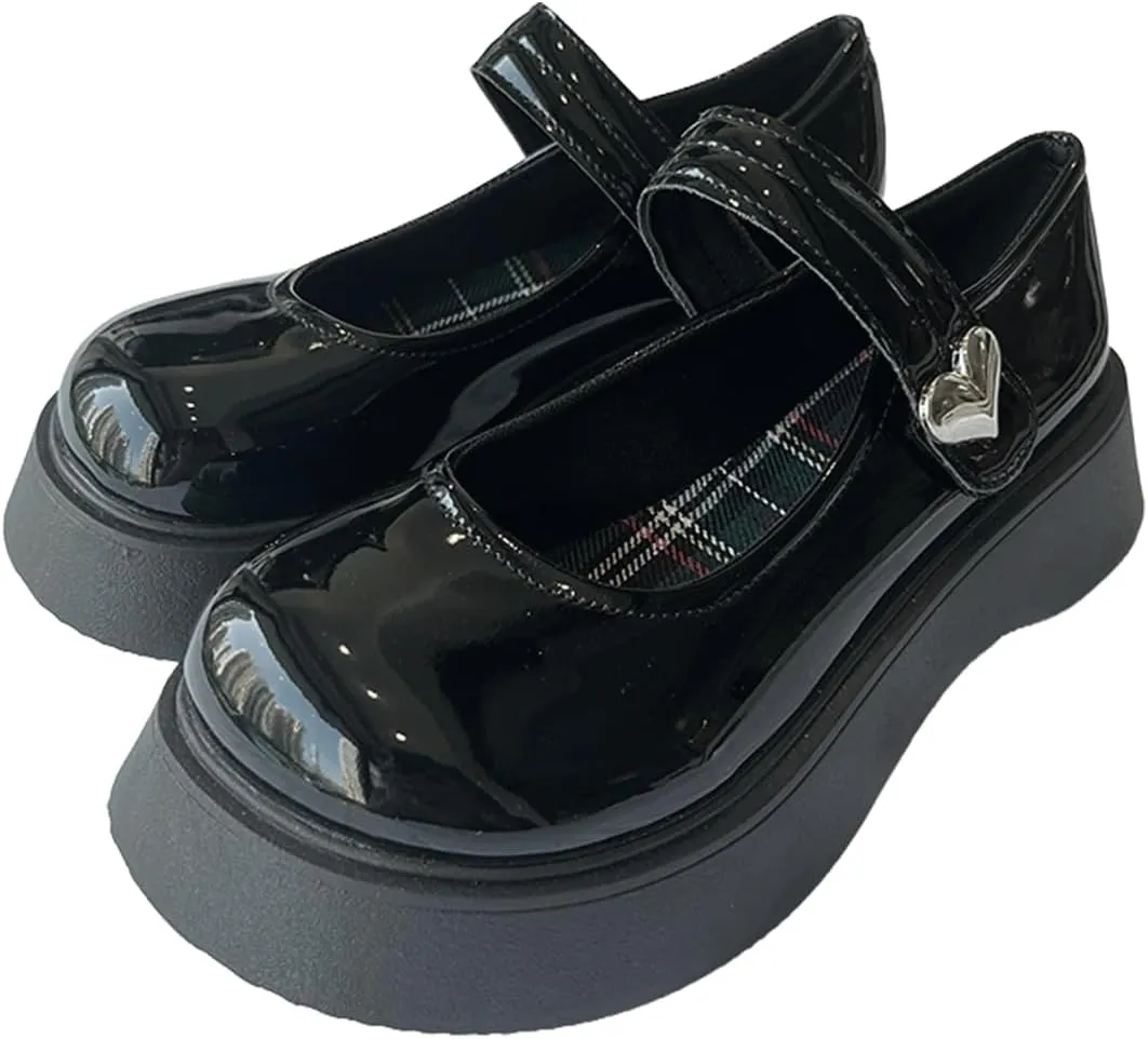 Y2K Gothic Kawaii Lolita Black Round Toe Chunky Heels Heart Shaped Decor Ankle Mary Jane Platform Shoes