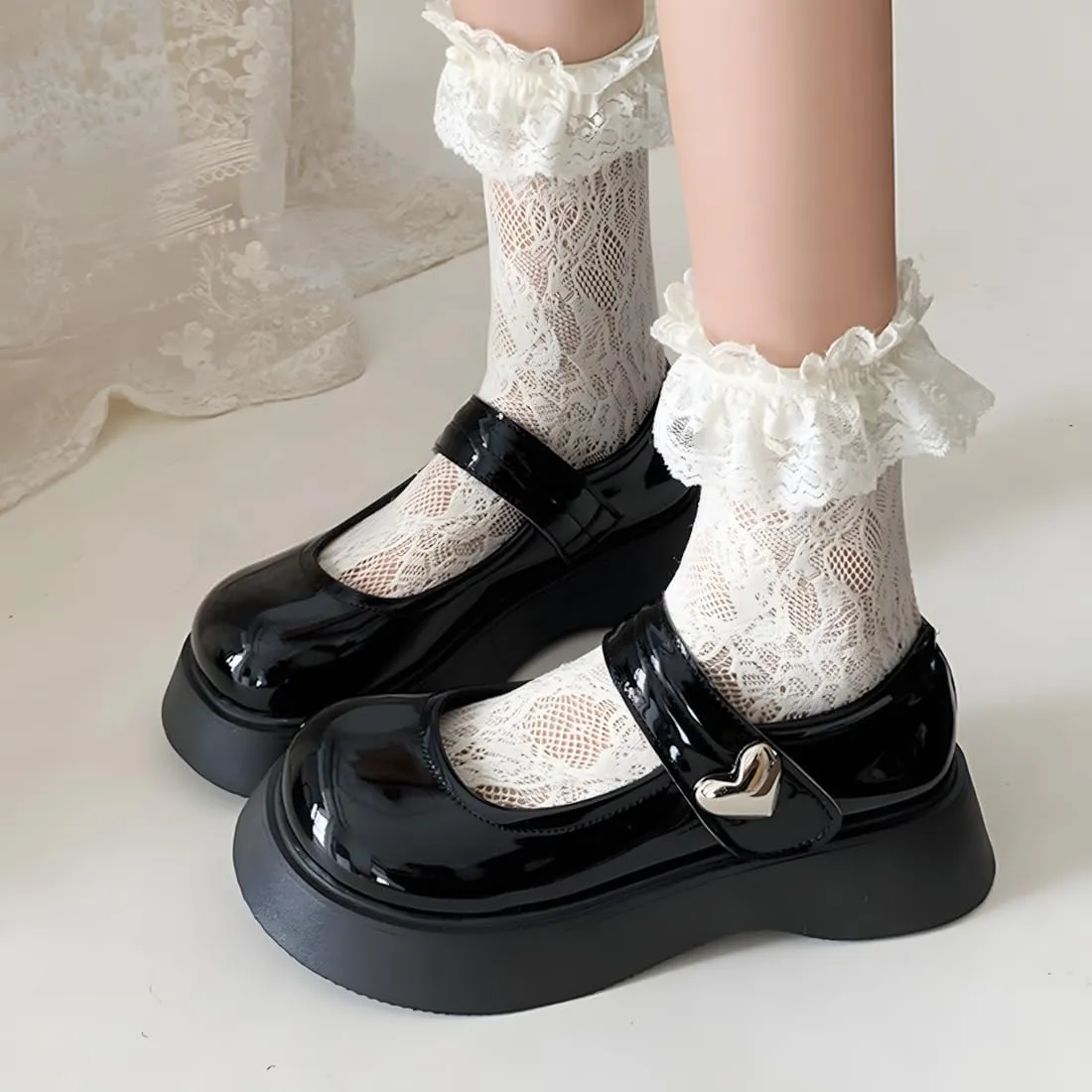 Y2K Gothic Kawaii Lolita Black Round Toe Chunky Heels Heart Shaped Decor Ankle Mary Jane Platform Shoes