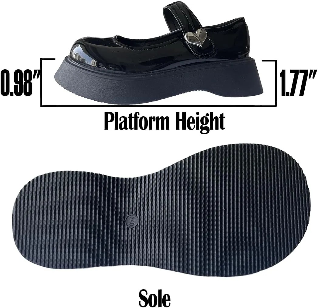 Y2K Gothic Kawaii Lolita Black Round Toe Chunky Heels Heart Shaped Decor Ankle Mary Jane Platform Shoes