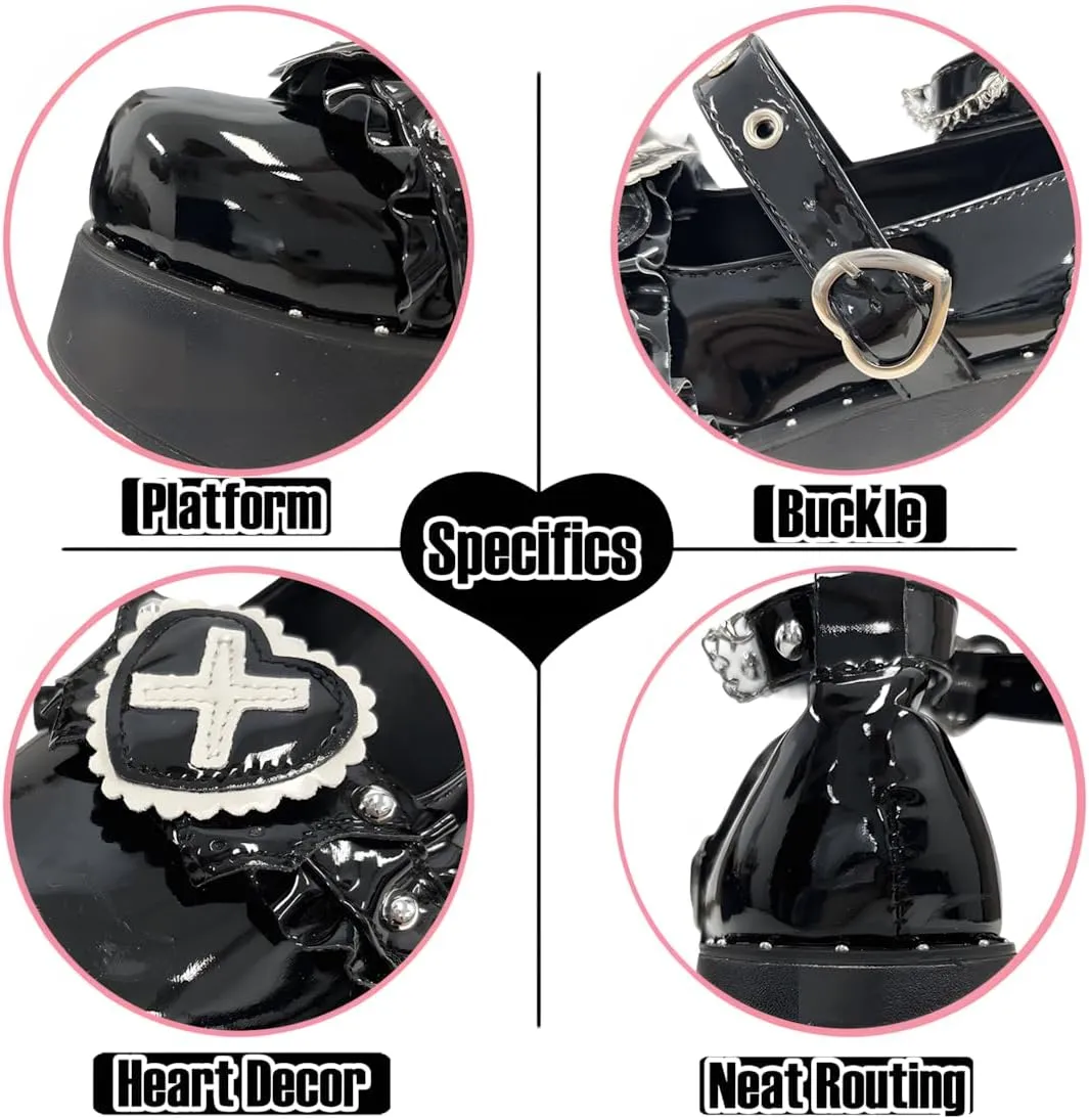Y2K Grunge Gothic Kawaii Lolita Round Toe Platform Heels White Lace Heart Rivet Decor Mary Jane Shoes