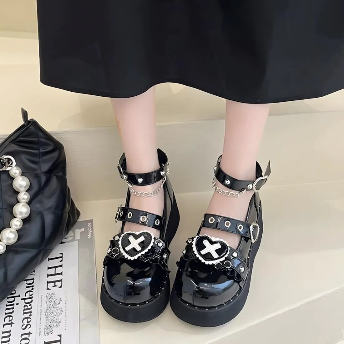 Y2K Grunge Gothic Kawaii Lolita Round Toe Platform Heels White Lace Heart Rivet Decor Mary Jane Shoes