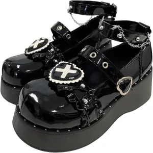 Y2K Grunge Gothic Kawaii Lolita Round Toe Platform Heels White Lace Heart Rivet Decor Mary Jane Shoes