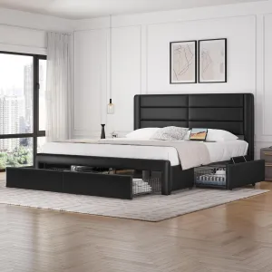 Yaheetech King Size Bed Frame with 2 USB Charging Station/Port for Type A&Type C/4 Storage Drawers, Leather Upholstered Platform Bed with Headboard/Solid Wood Slat Support/No Box Spring Needed/Black