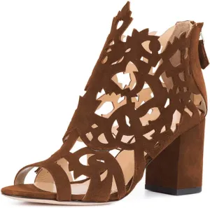 YDN Women Chic Peep Toe Chunky Mid High Heels Ankle Boots Classic Cutout Block Back Zippers Dress Party Shoes Size 4-16 US