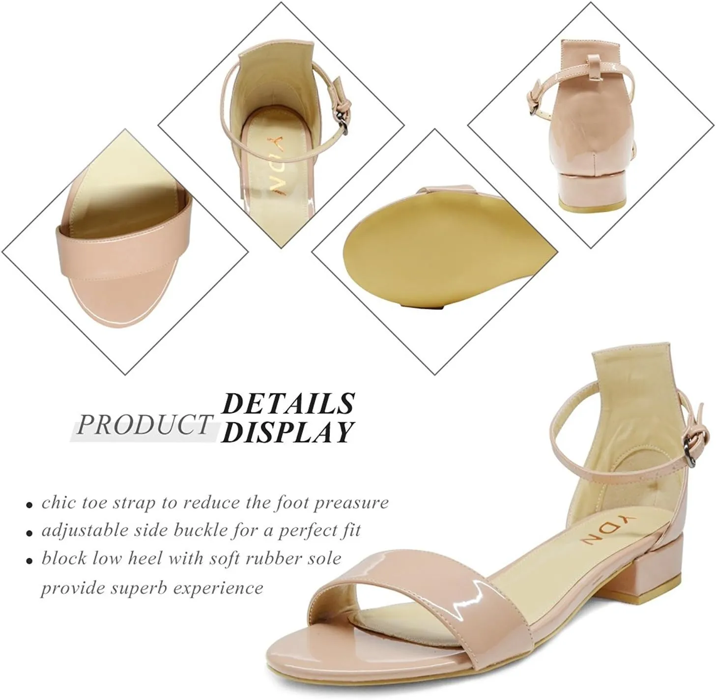 YDN Womens Chic Block Low Heel Sandals Open Toe Ankle Strap Patent Comfortable Walking Dress Flat Shoes Size 4-15
