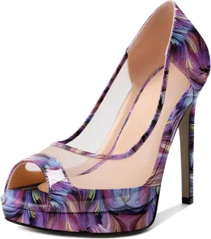 YODEKS Womens Peep Toe High Heel Platform Stiletto Pumps Slip On Mesh Heels 5 Inch Party Evening Dress Shoes