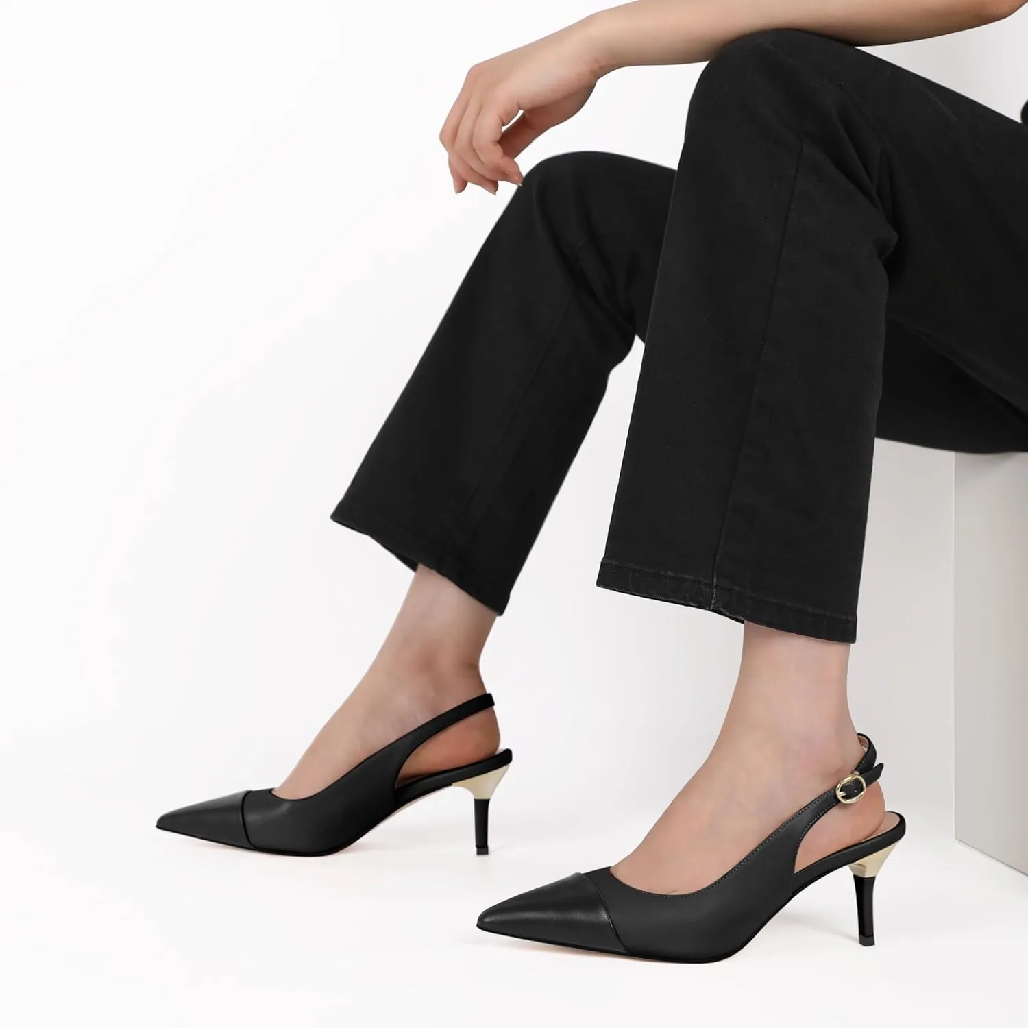 YODEKS Women's Slingback Heels Cap Toe Shoes Pointed Low Kitten Heel Pumps 2.5 Inch Two Tone Dress Shoes for Casual Party Wedding Office