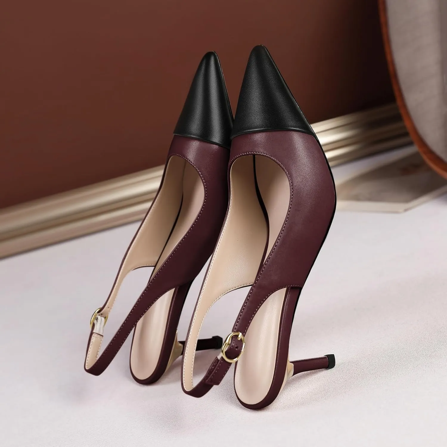 YODEKS Women's Slingback Heels Cap Toe Shoes Pointed Low Kitten Heel Pumps 2.5 Inch Two Tone Dress Shoes for Casual Party Wedding Office