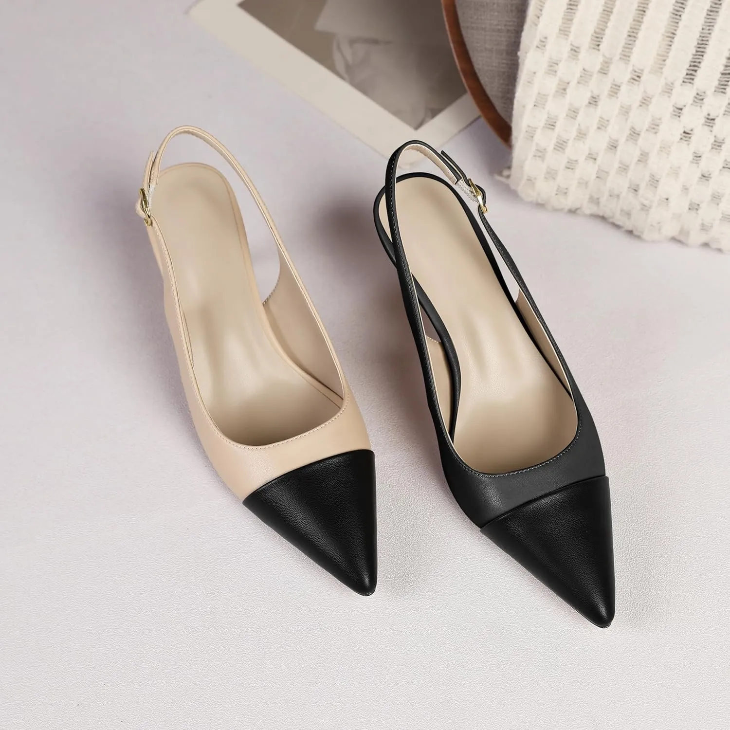 YODEKS Women's Slingback Heels Cap Toe Shoes Pointed Low Kitten Heel Pumps 2.5 Inch Two Tone Dress Shoes for Casual Party Wedding Office