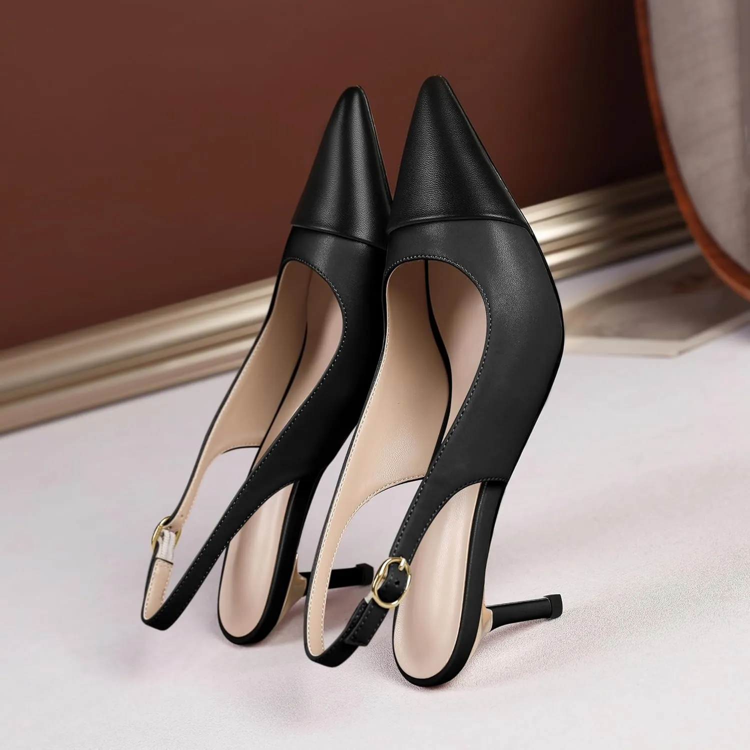 YODEKS Women's Slingback Heels Cap Toe Shoes Pointed Low Kitten Heel Pumps 2.5 Inch Two Tone Dress Shoes for Casual Party Wedding Office