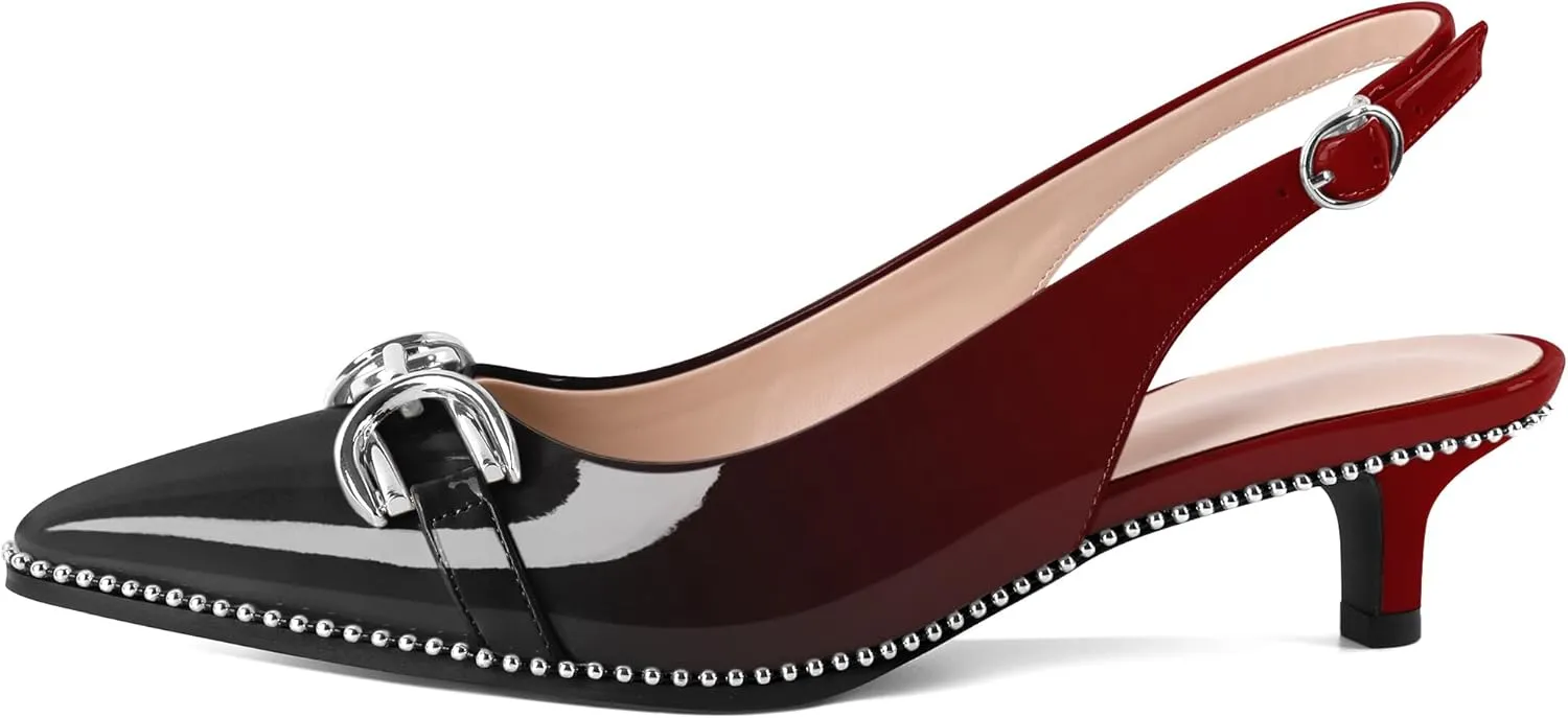 YODEKS Women's Slingback Kitten Heels Pointed Toe Low Heel Beaded Pumps 1.5 Inch Metal Buckle Shoes Size 5-13