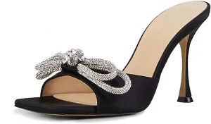Yolkomo Women's Clear Rhinestone Double Crystal Bow Heels Square Open Toe