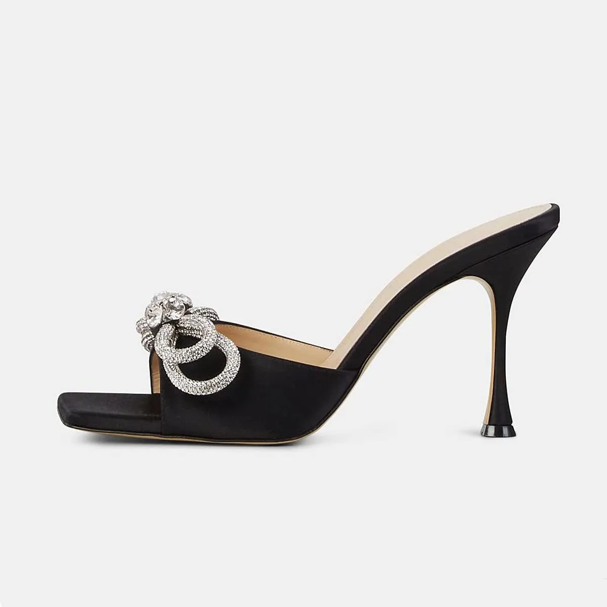 Yolkomo Women's Clear Rhinestone Double Crystal Bow Heels Square Open Toe