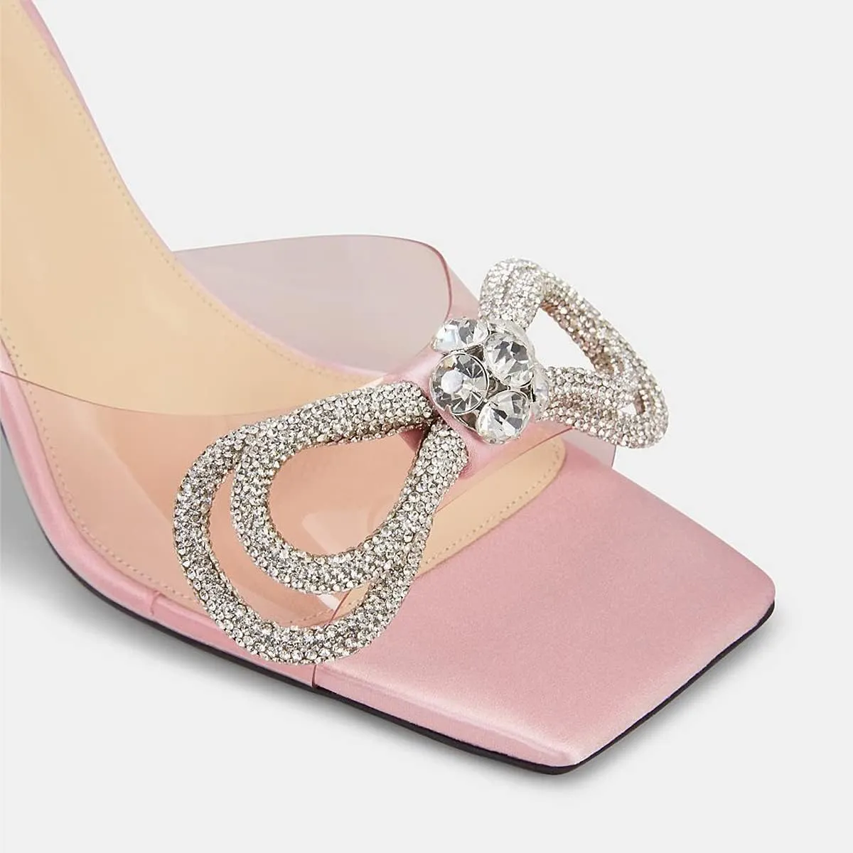 Yolkomo Women's Clear Rhinestone Double Crystal Bow Heels Square Open Toe