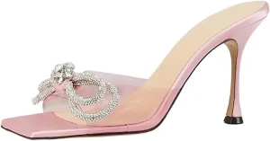 Yolkomo Women's Clear Rhinestone Double Crystal Bow Heels Square Open Toe