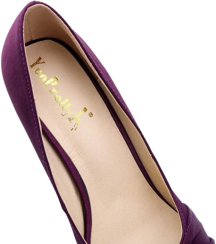 YooPrettyz Women Round Toe Satin Wedding Shoes Ruched Platform Heels Studded Pumps