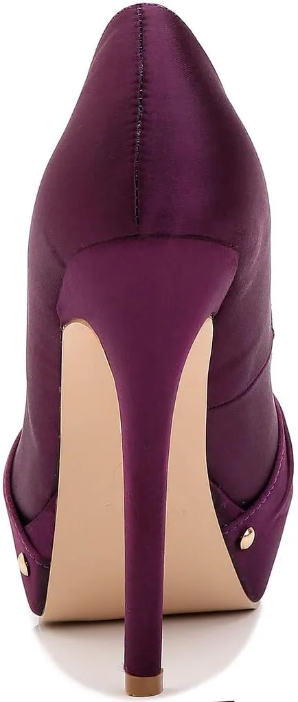 YooPrettyz Women Round Toe Satin Wedding Shoes Ruched Platform Heels Studded Pumps