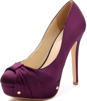 YooPrettyz Women Round Toe Satin Wedding Shoes Ruched Platform Heels Studded Pumps