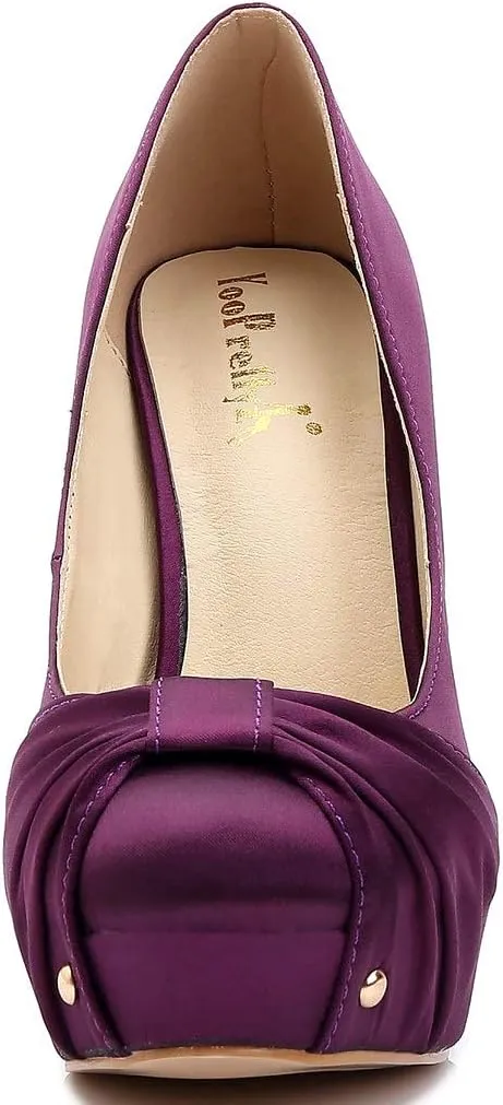 YooPrettyz Women Round Toe Satin Wedding Shoes Ruched Platform Heels Studded Pumps