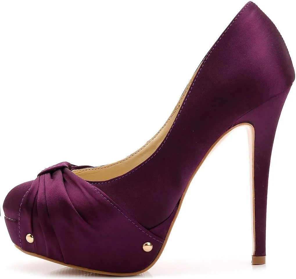 YooPrettyz Women Round Toe Satin Wedding Shoes Ruched Platform Heels Studded Pumps