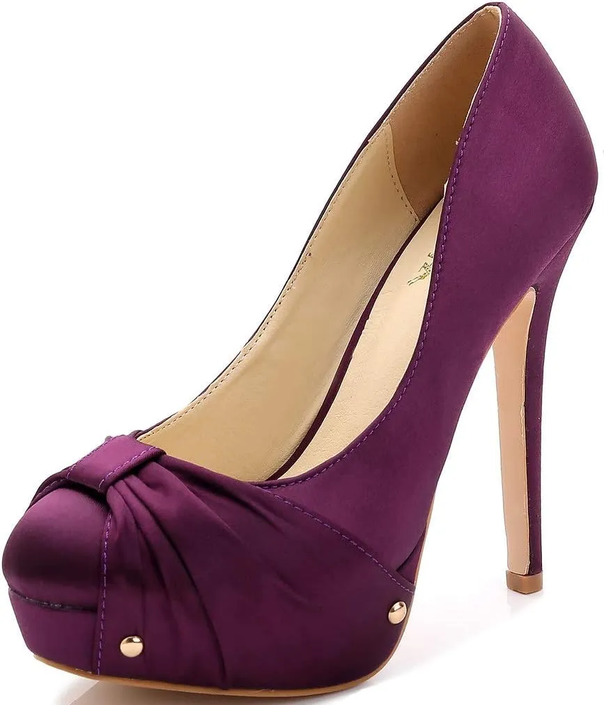 YooPrettyz Women Round Toe Satin Wedding Shoes Ruched Platform Heels Studded Pumps