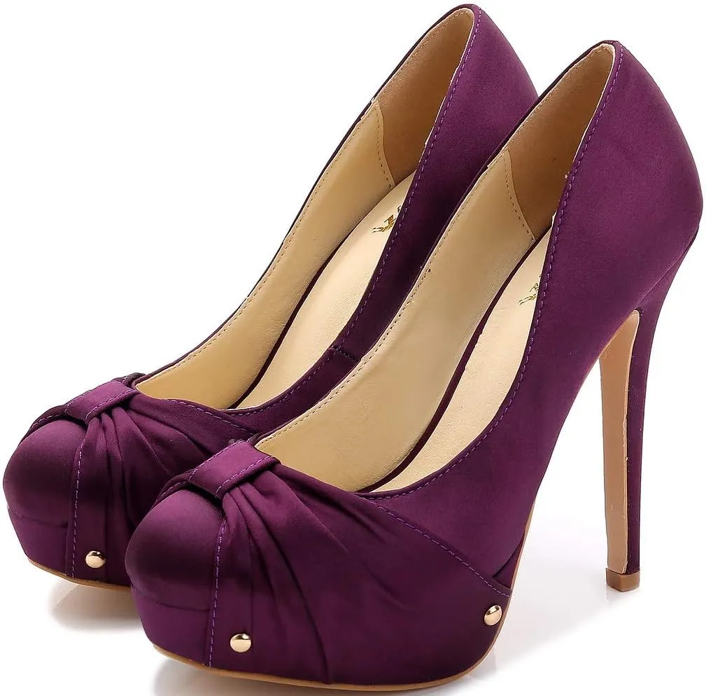 YooPrettyz Women Round Toe Satin Wedding Shoes Ruched Platform Heels Studded Pumps