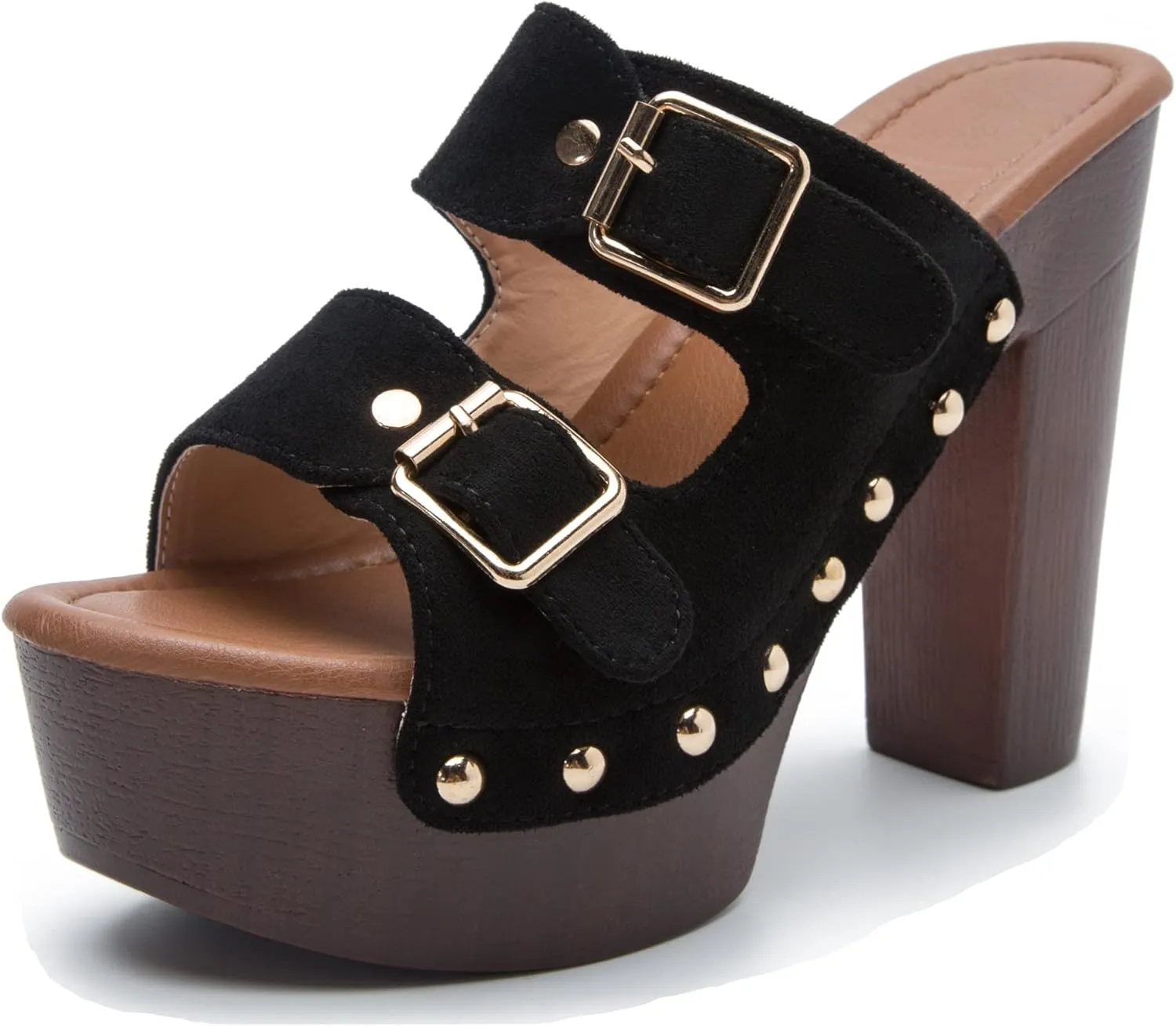 YooPrettyz Women Slip On Wood Like Platform Chunky High Heels Metal Buckle Straps Studded Dress Slide Pumps