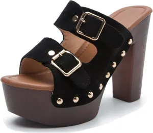 YooPrettyz Women Slip On Wood Like Platform Chunky High Heels Metal Buckle Straps Studded Dress Slide Pumps
