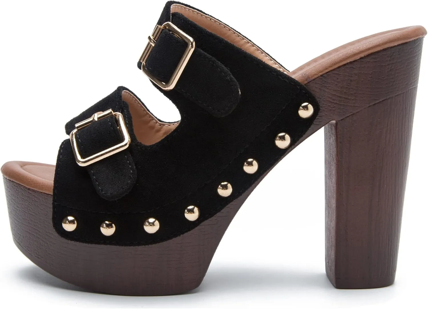 YooPrettyz Women Slip On Wood Like Platform Chunky High Heels Metal Buckle Straps Studded Dress Slide Pumps
