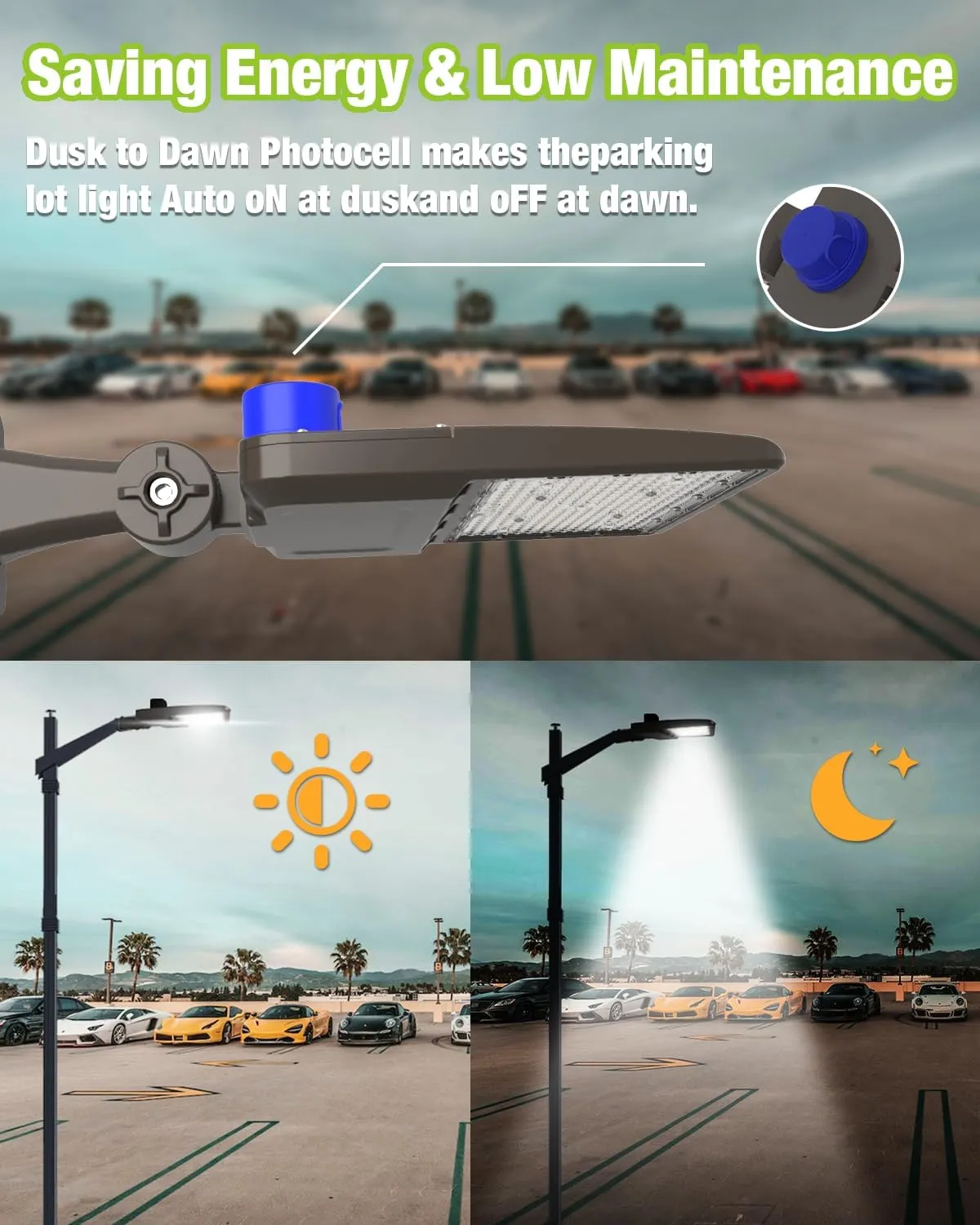 YXL LED Parking Lot Shoebox Light with Dusk to Dawn Photocell, 21000LM 5000K Daylight Arm Mount, IP65 Waterproof Area Light for Parking Lot Sports Stadium