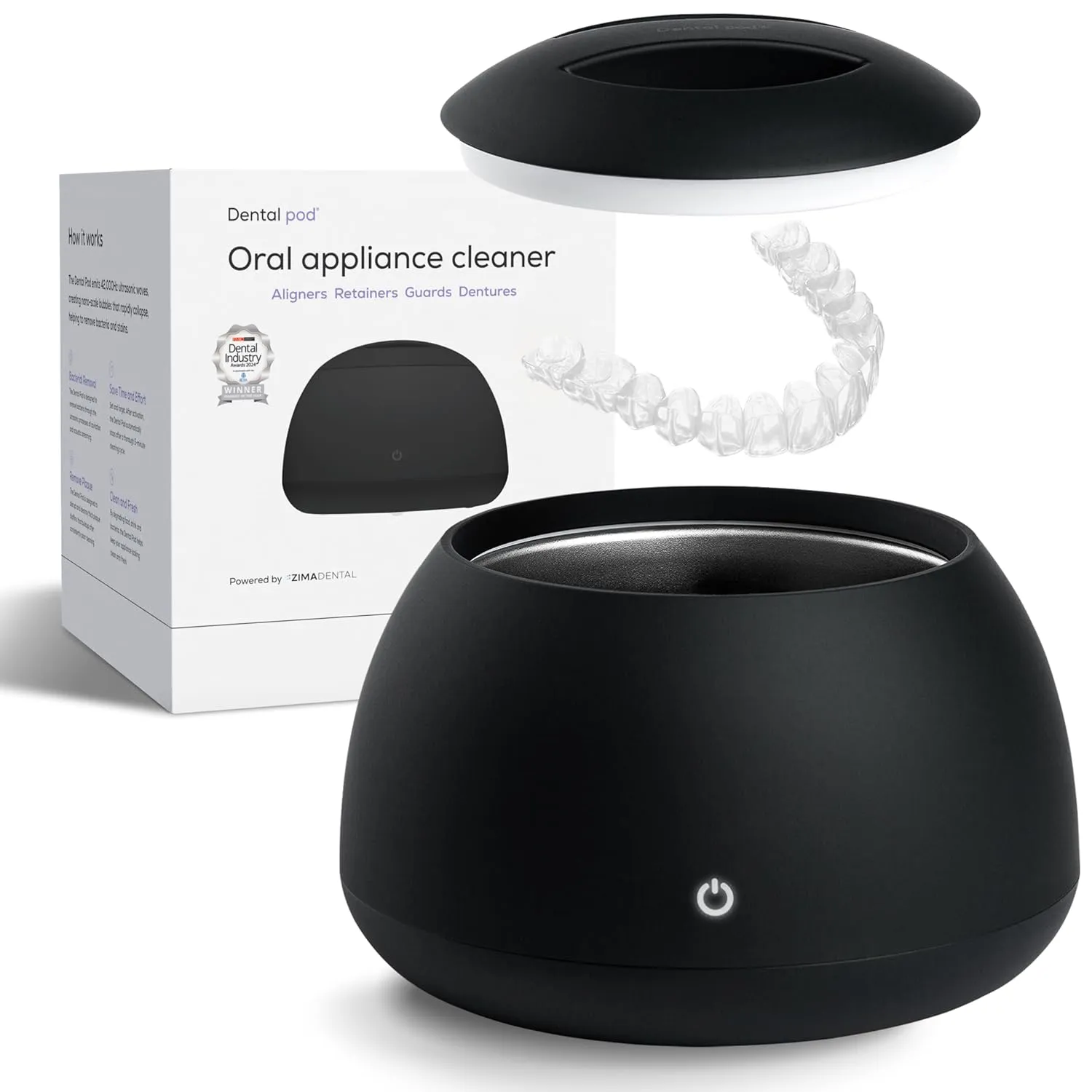 Zima Dental Pod | Jet Black | Ultrasonic Retainer Cleaner Machine | Aligner, Nightguard, Mouth Guard, Denture Cleaner | Oral Dental Care FSA HSA Approved
