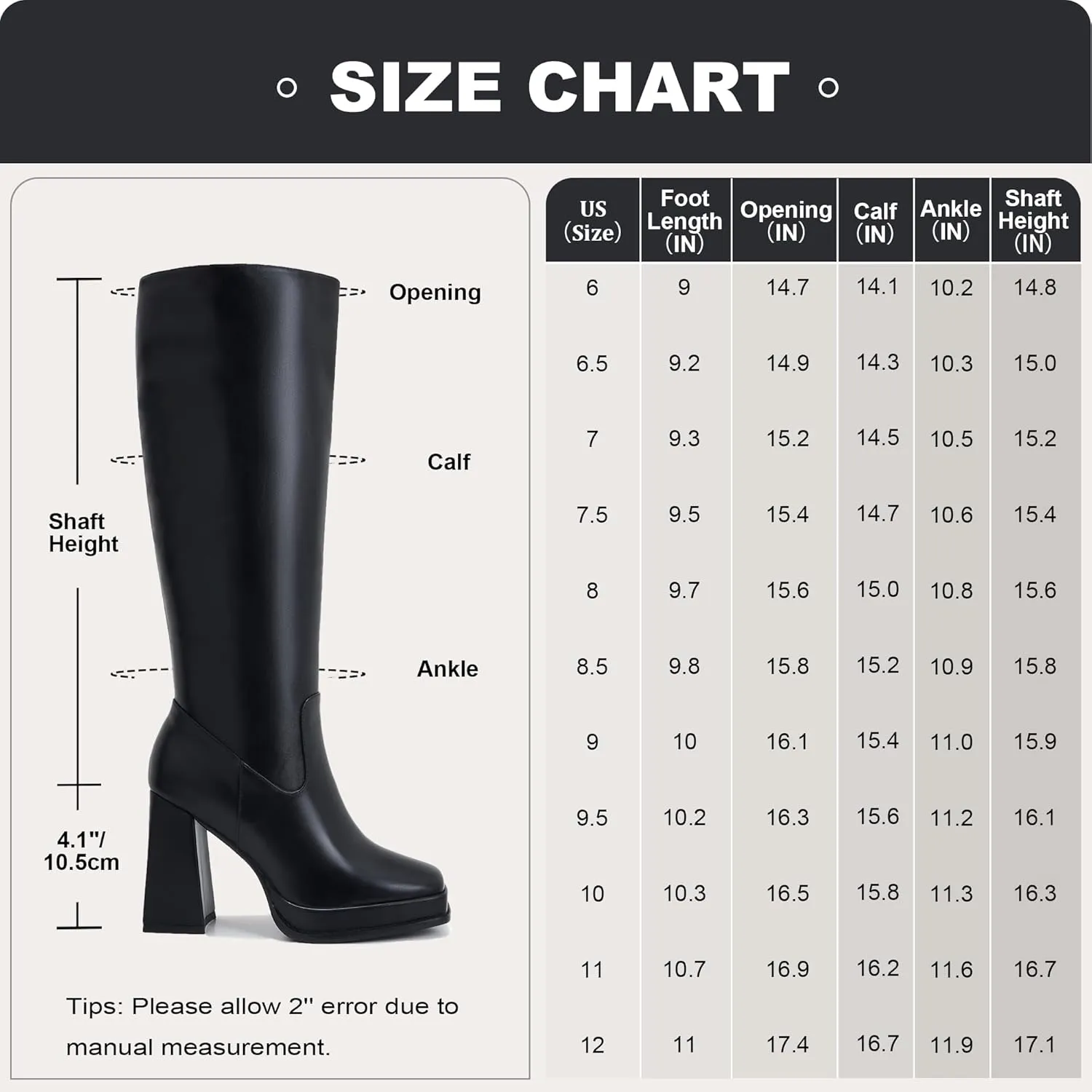 ZXHYZLZ Slim Calf Boot Knee High for Women Square Toe Chunky Heeled Platform Tall