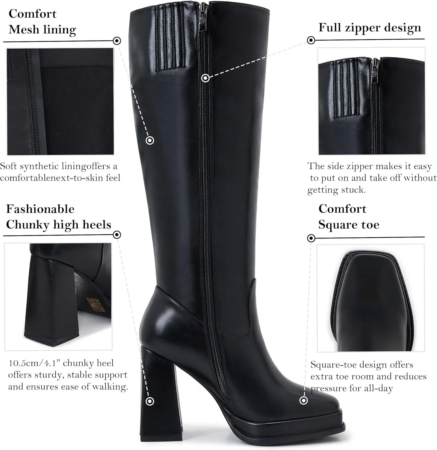 ZXHYZLZ Slim Calf Boot Knee High for Women Square Toe Chunky Heeled Platform Tall